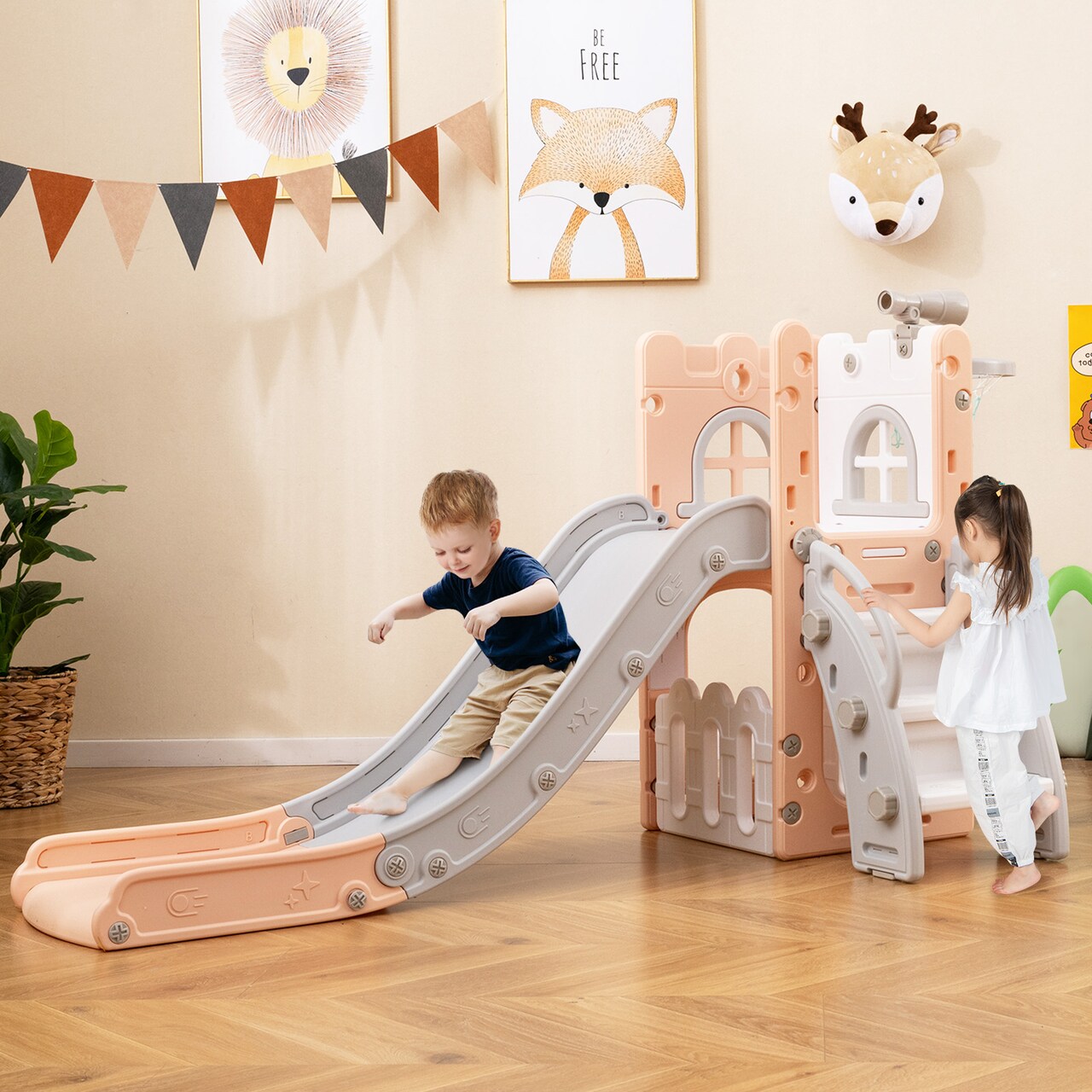 6-in-1 Toddler Slide and Climber Playset with Hoop and Ladder